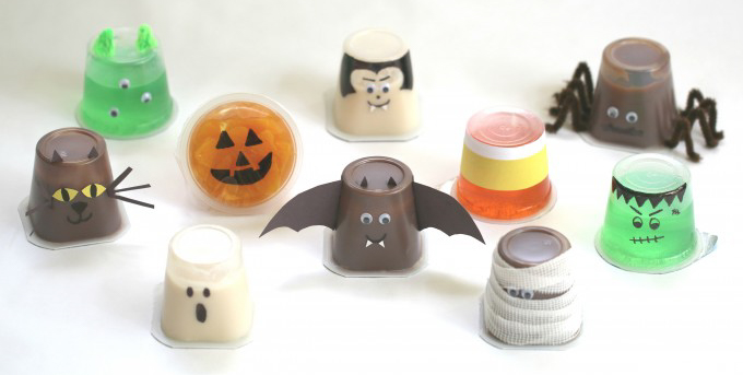 pudding and Jell-o cups decorated as Halloween characters