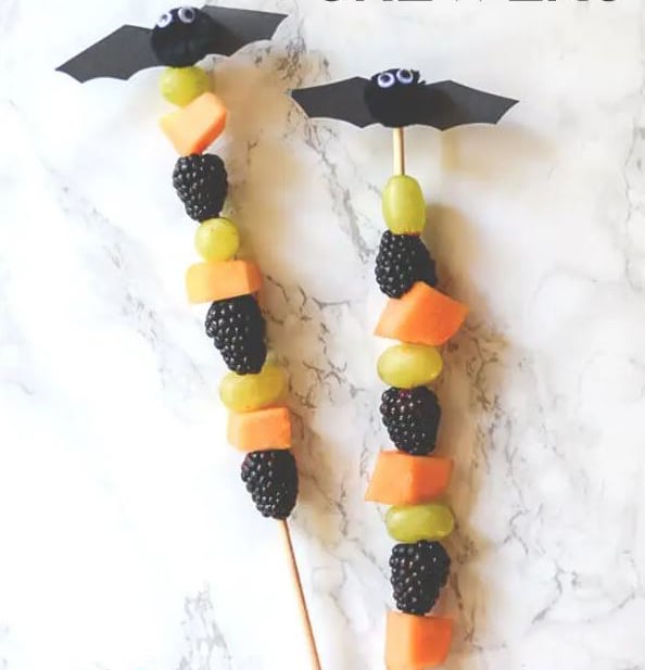 fruit kabob with topped with DIY bat