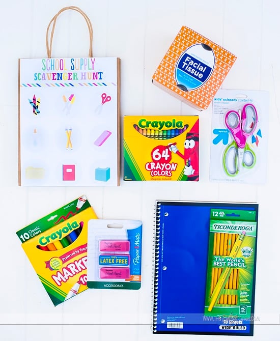 flat lay with a bunch of school supplies and a school supply scavenger hunt