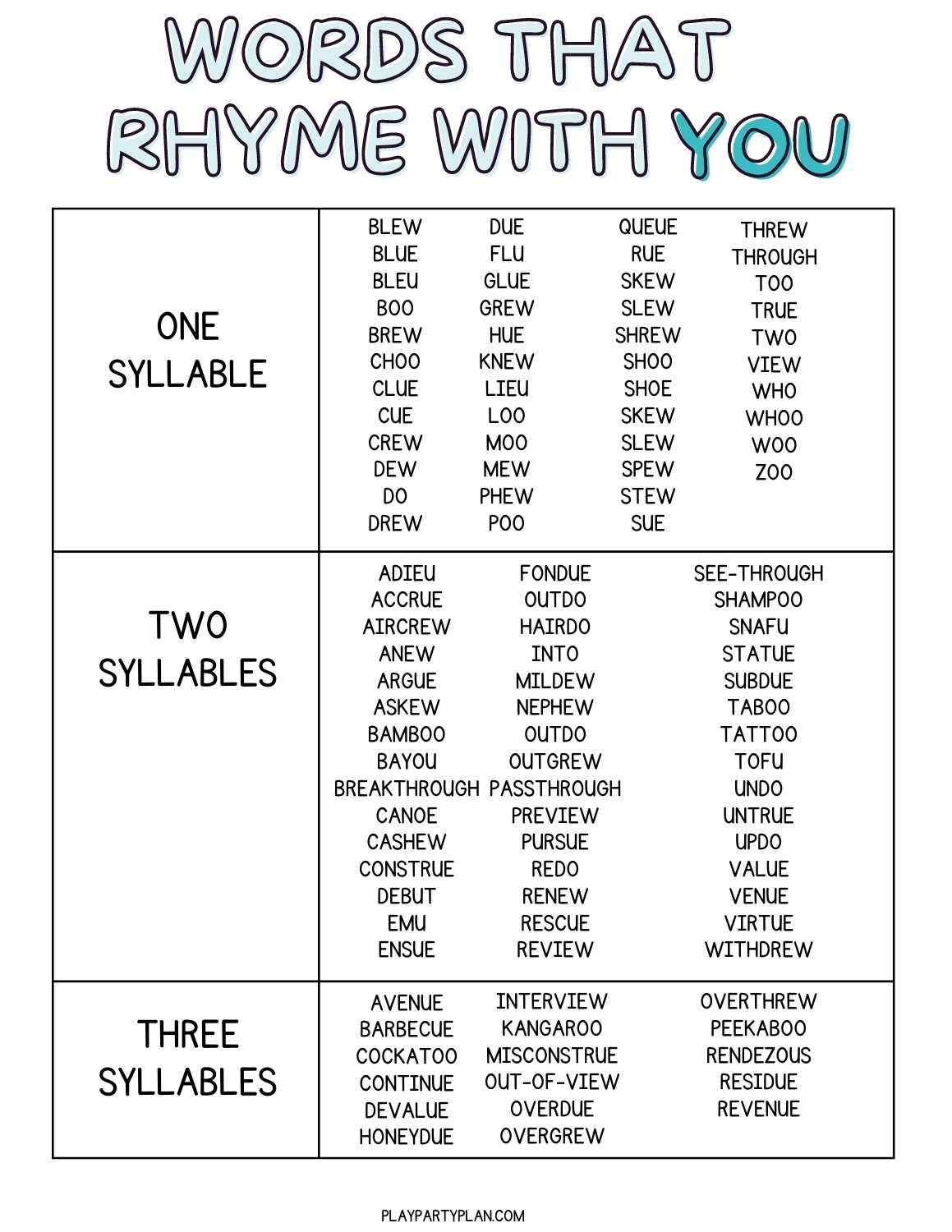 printable list of words that rhyme with you