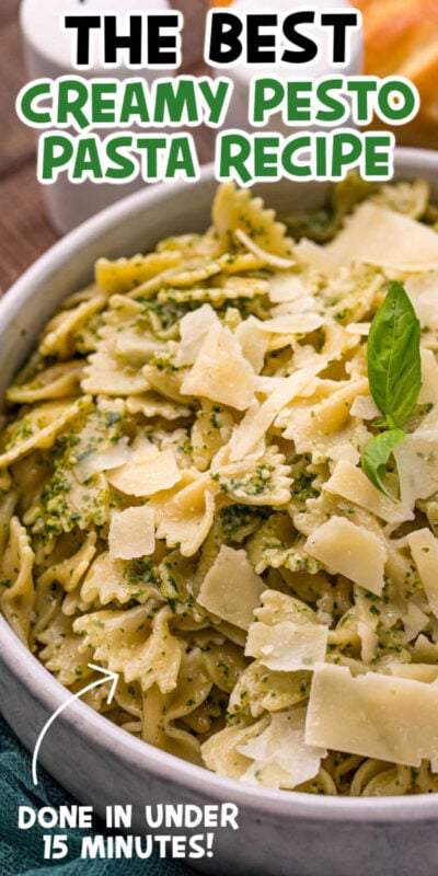 bowl of creamy pesto pasta with text on it