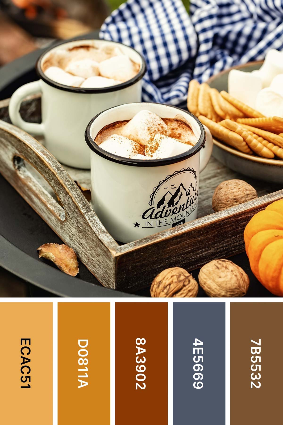tray with hot chocolate and an inspired fall color palette underneath