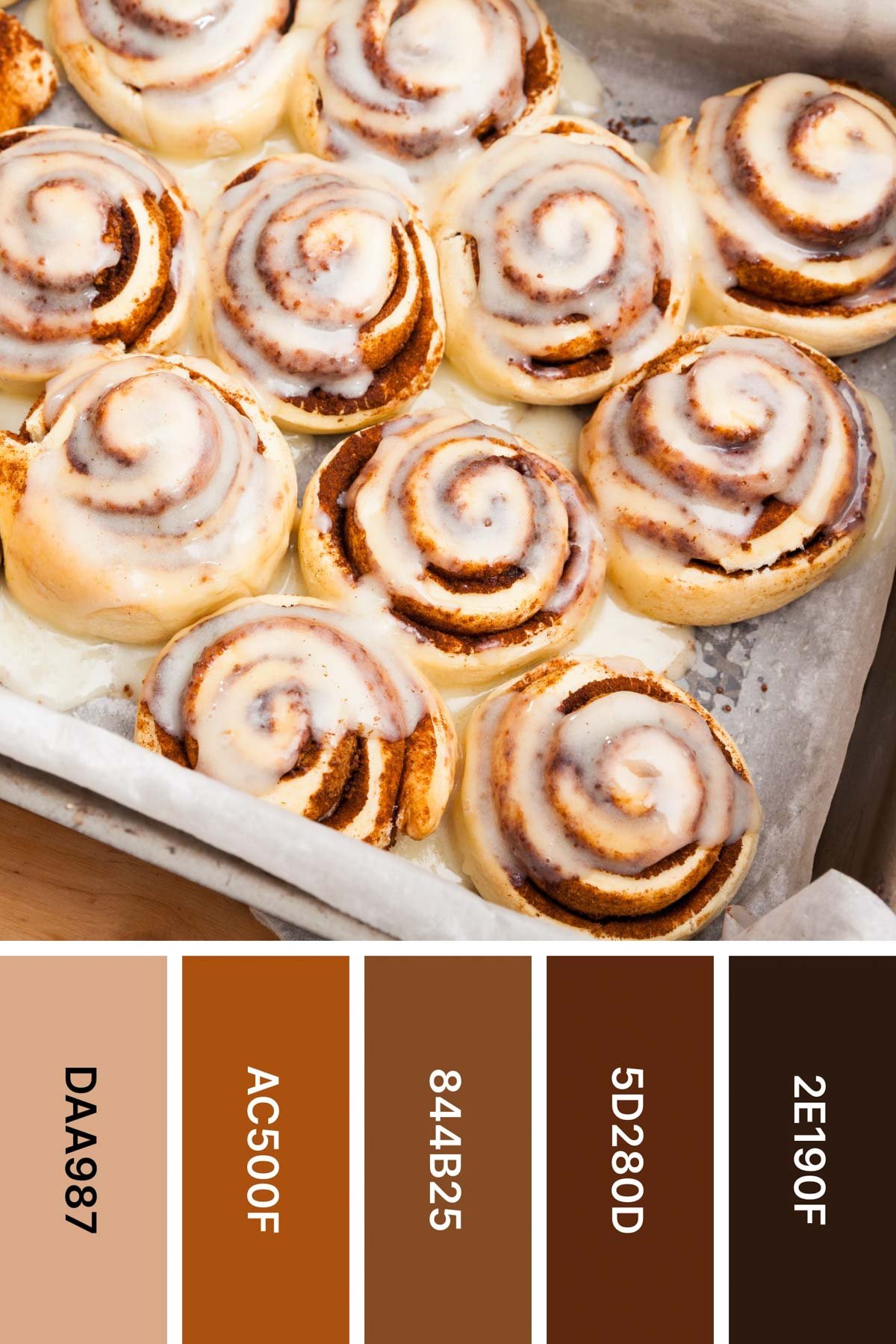 pan of cinnamon rolls with a fall color palette under