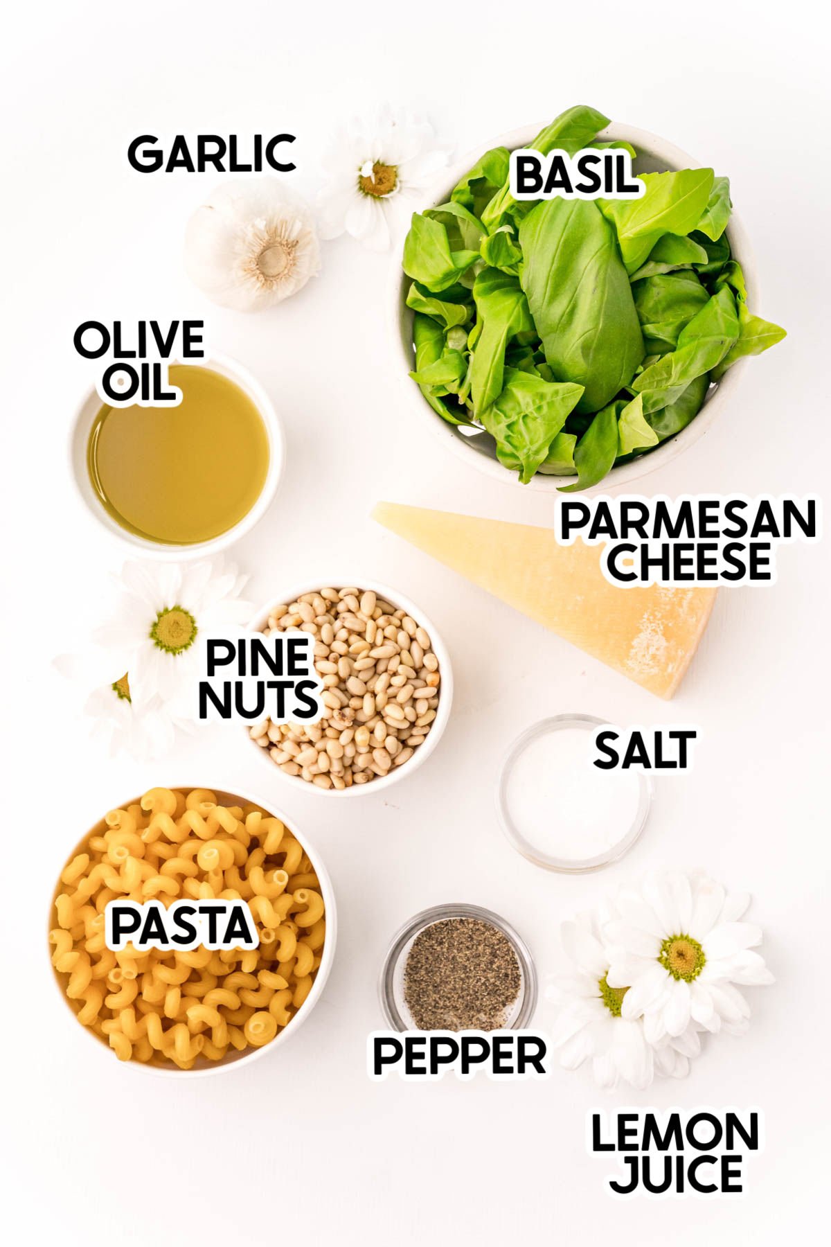 ingredients needed to make a creamy pesto pasta recipe with labels