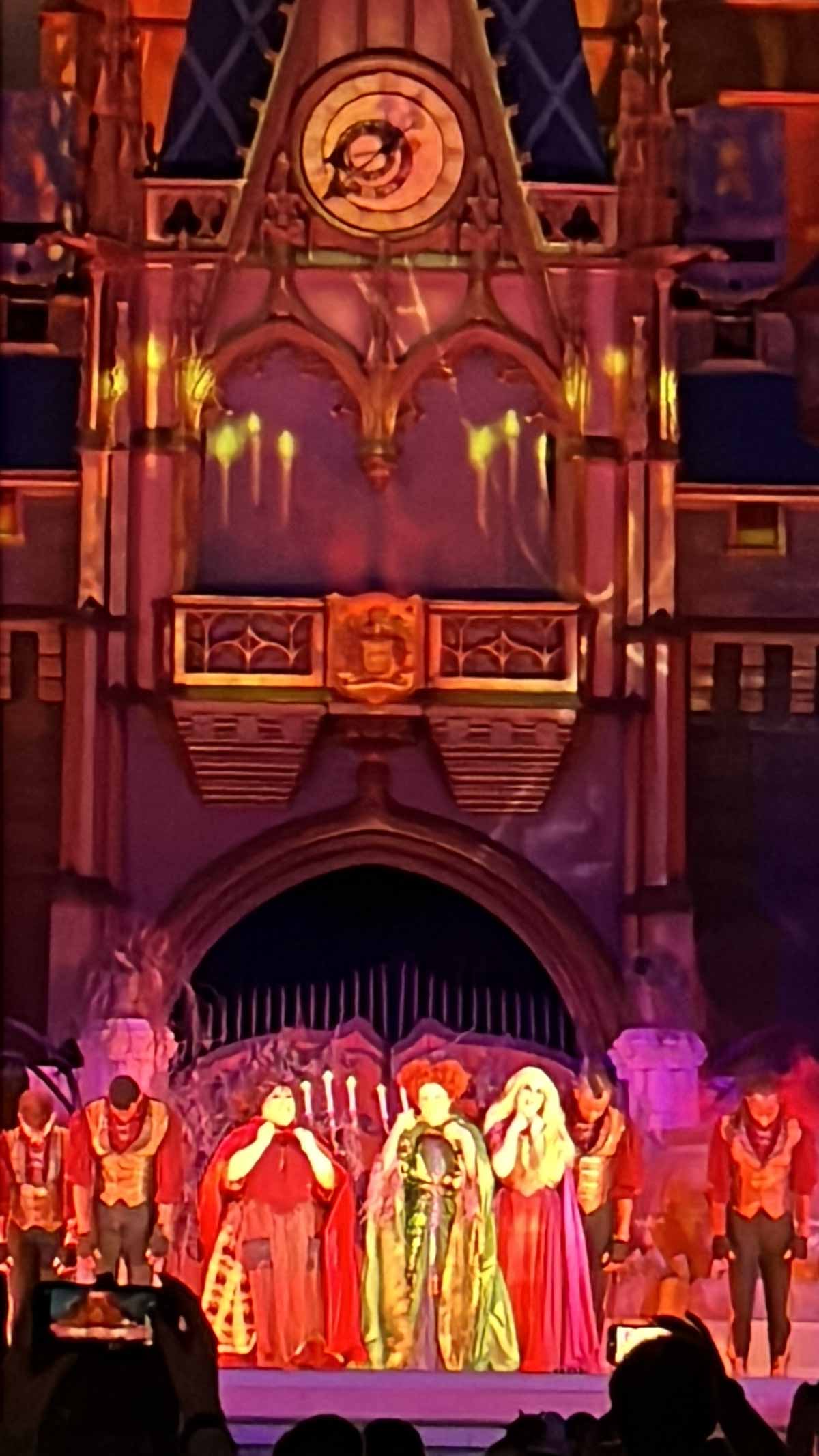 Sanderson sisters on the stage at Magic Kingdom