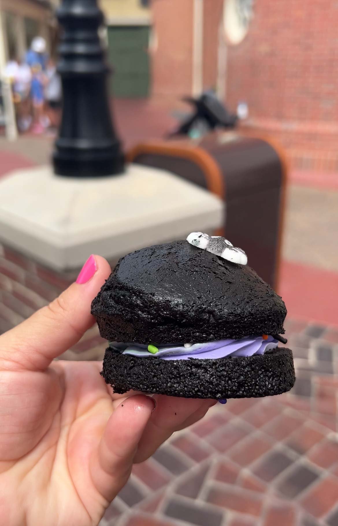 hand holding a black whoopie pie