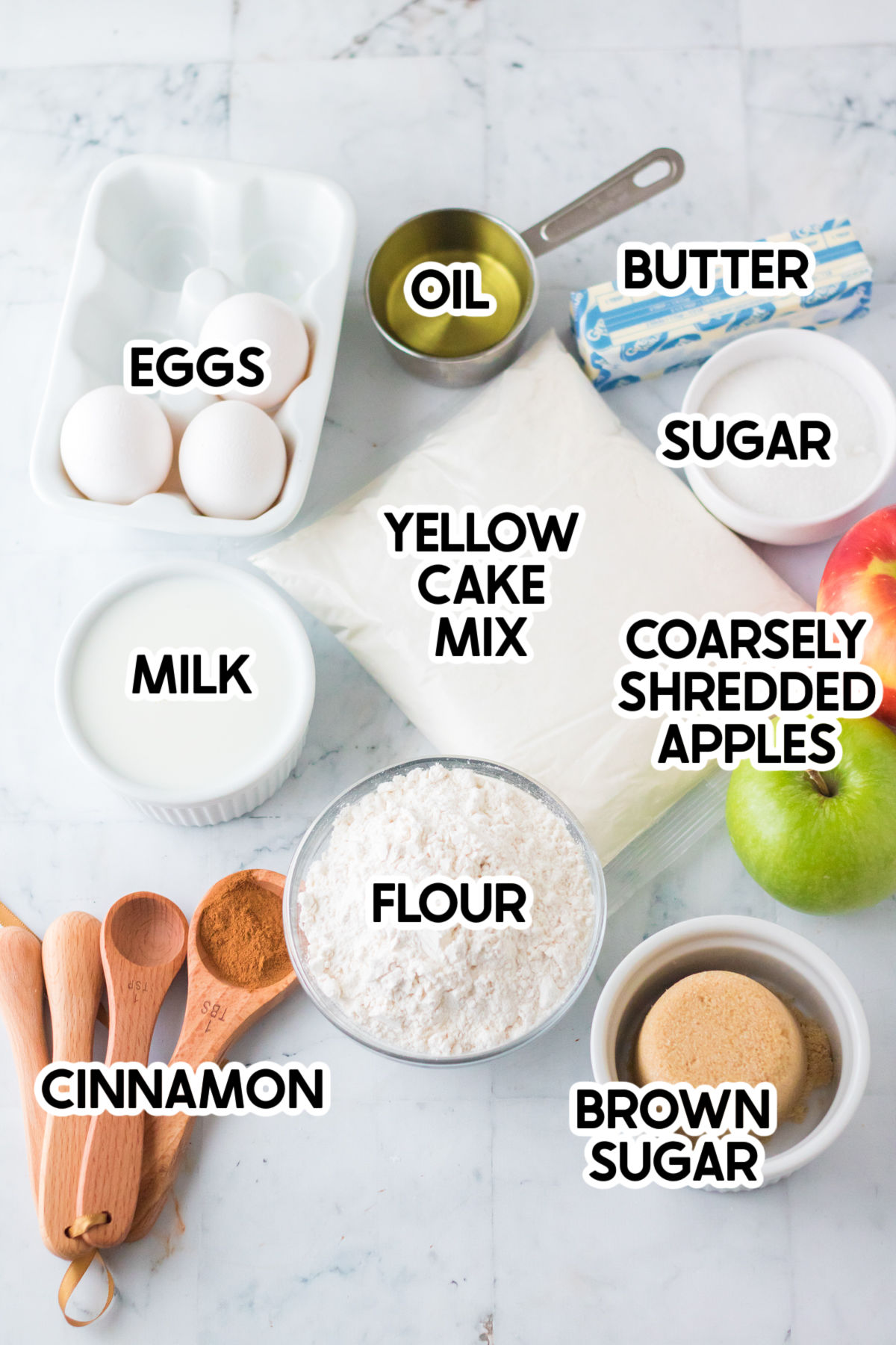 ingredients to make apple streusel cake with labels