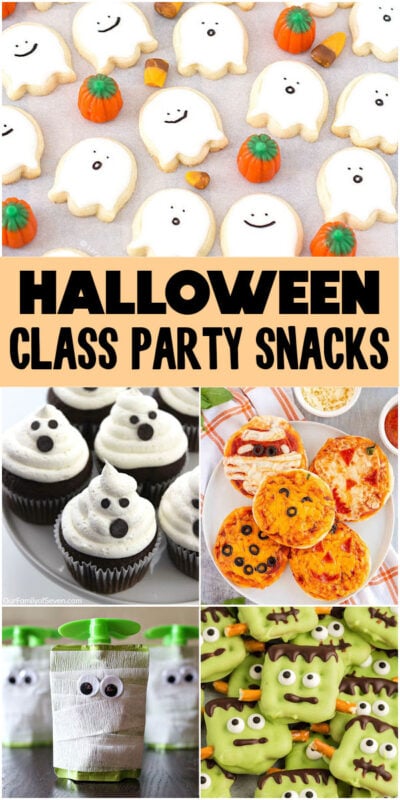 collage of Halloween party snacks for school