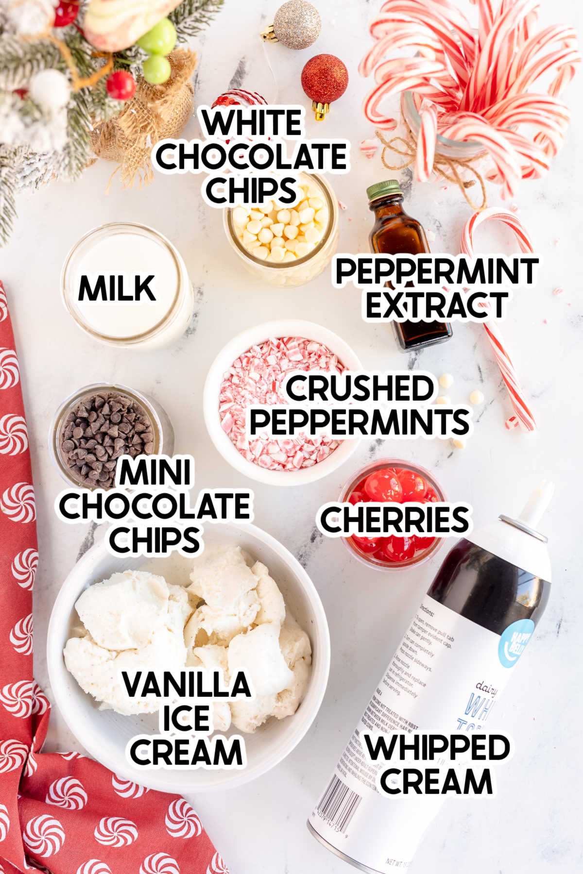 ingredients in peppermint chip milkshakes with labels