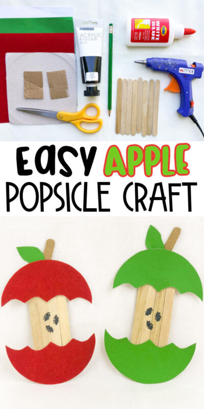 image of an finished apple craft with popsicle core and needed supplies