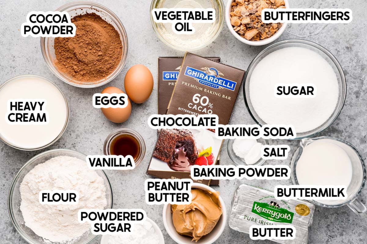ingredients to make butterfinger cupcakes with labels