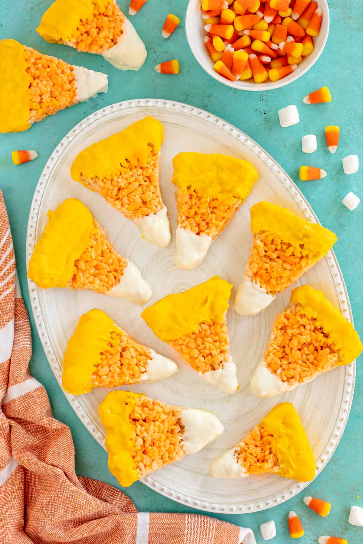 white plate with candy corn rice krispies