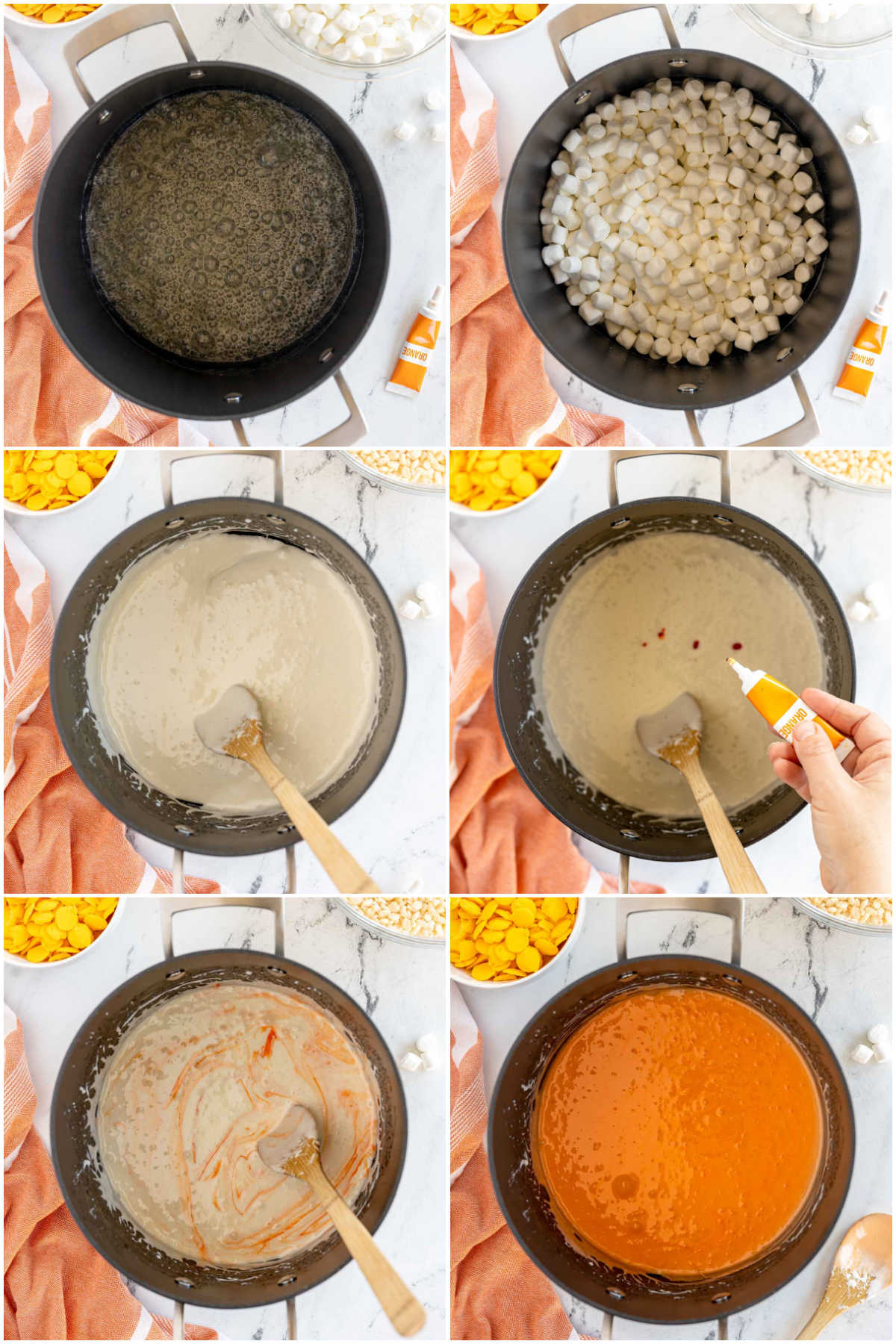 collage of photos showing how to make candy corn rice krispy treats