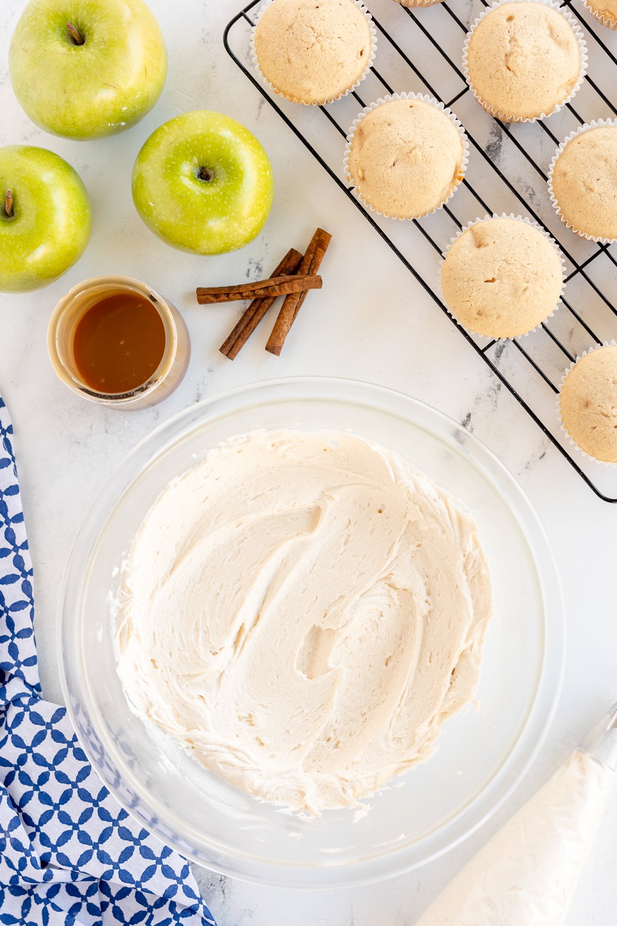 glass bowl with caramel frosting