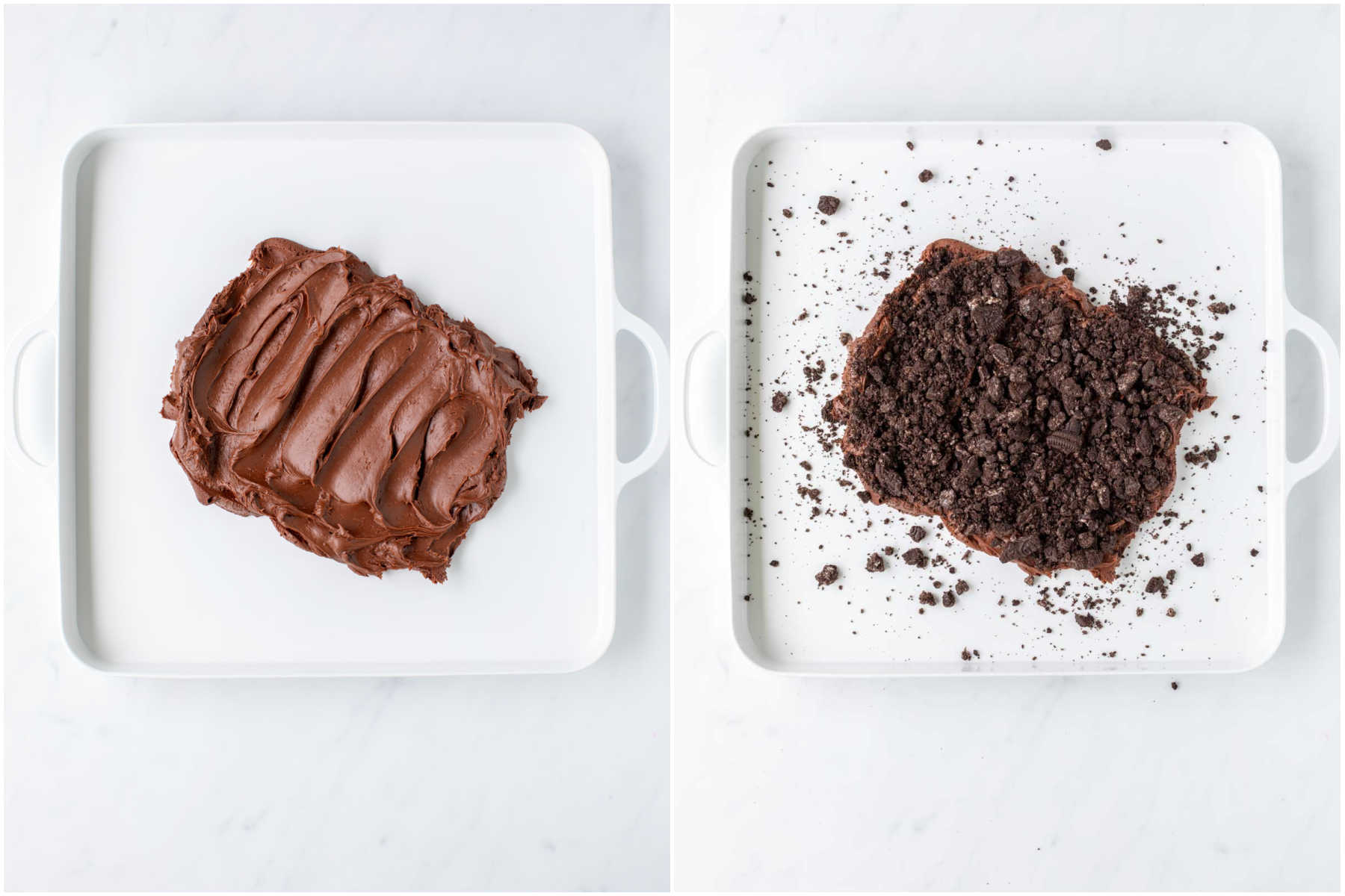 collage of images showing chocolate frosting and Oreos on a board