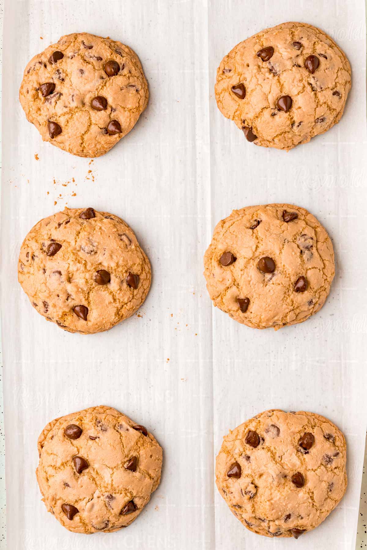 baked chocolate chip cookies on a baking sheet