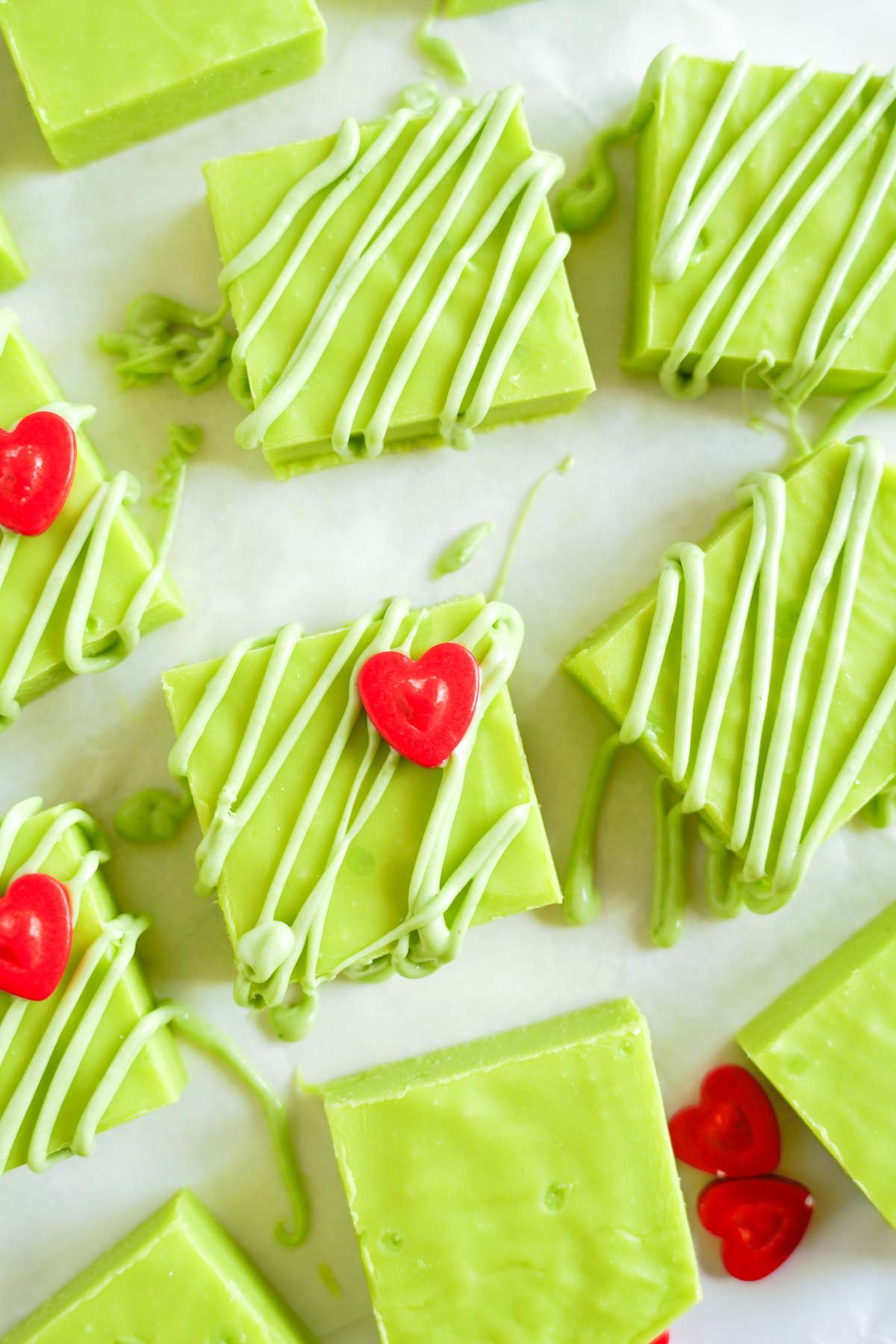 Grinch fudge with a candy heart on top