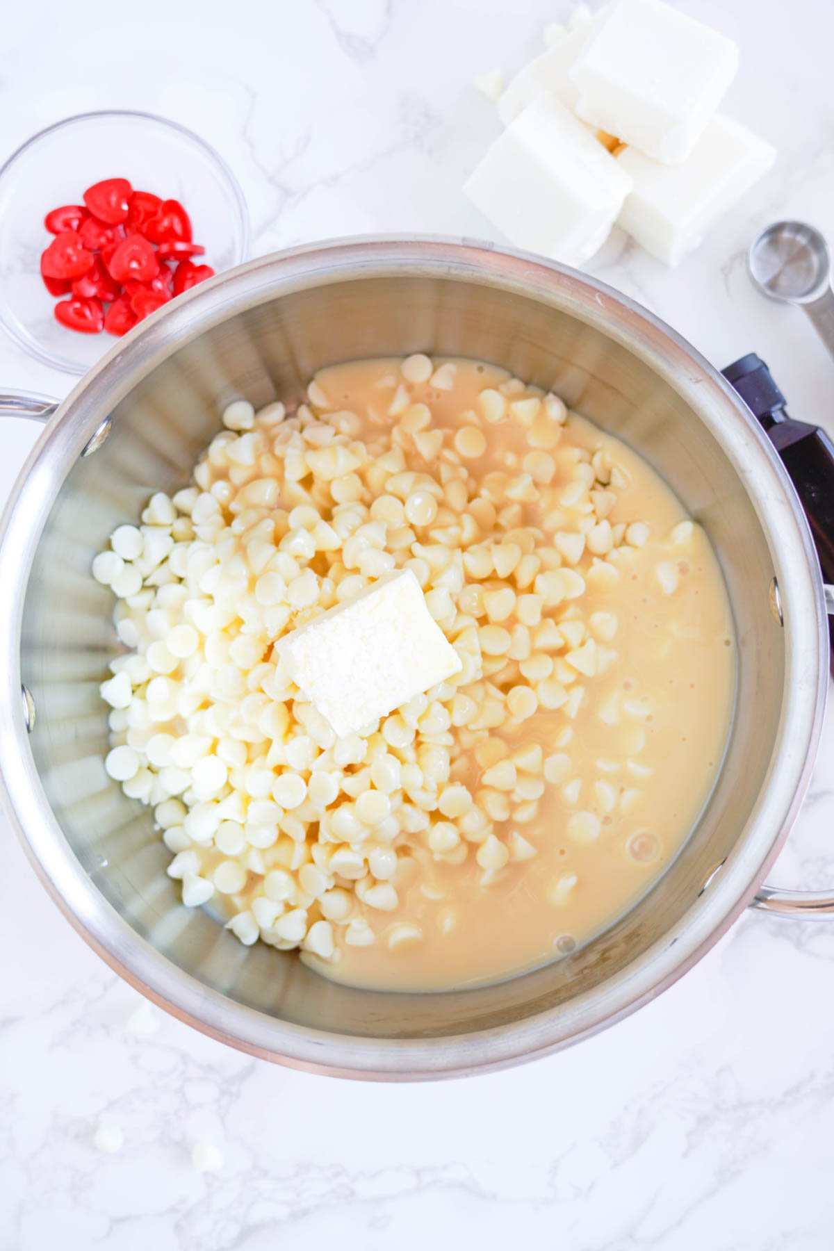 metal bowl with white chocolate chips