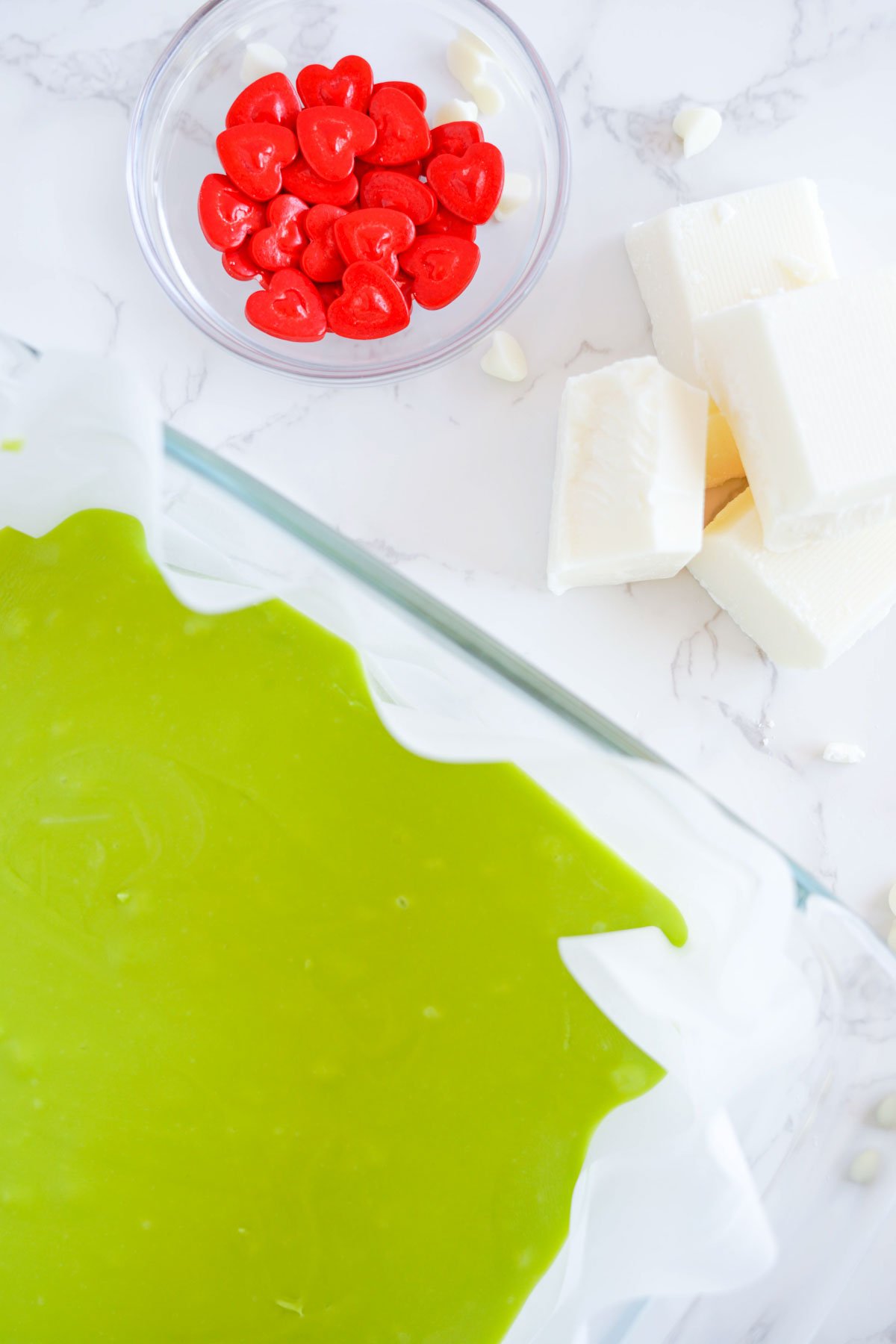 grinch fudge in a parchment pan