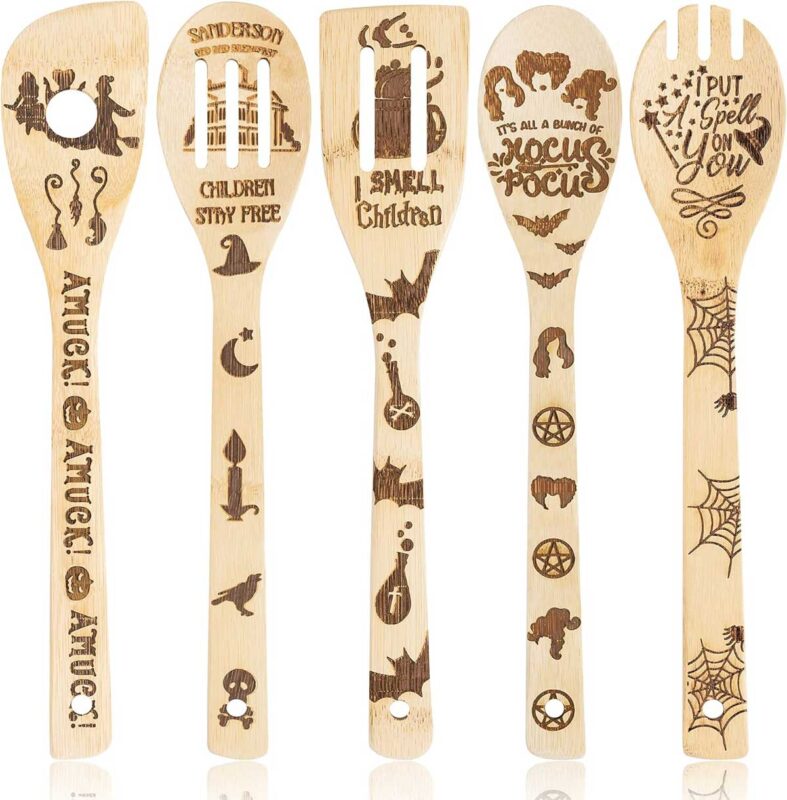 wooden spoons engraved with hocus pocus designs
