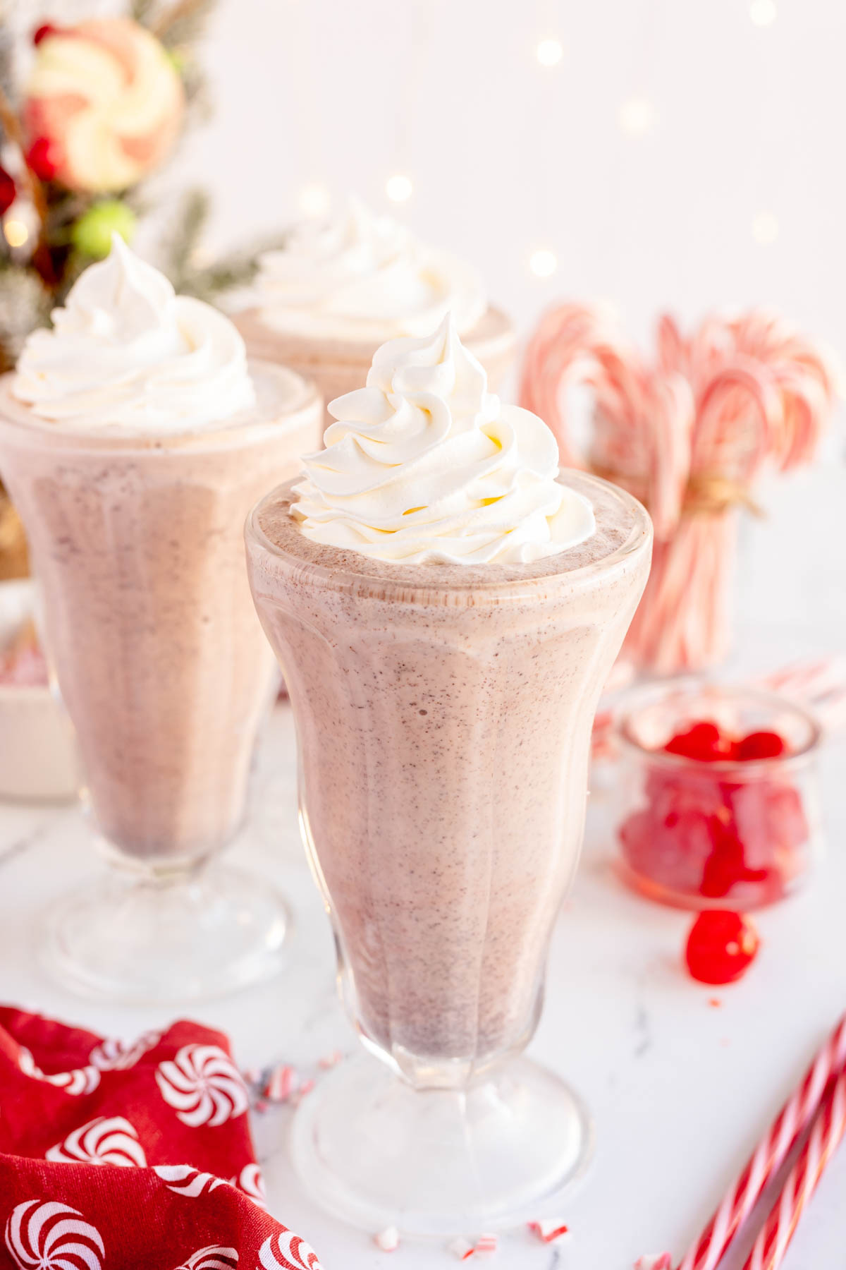 peppermint chip milkshakes with whipped cream on top