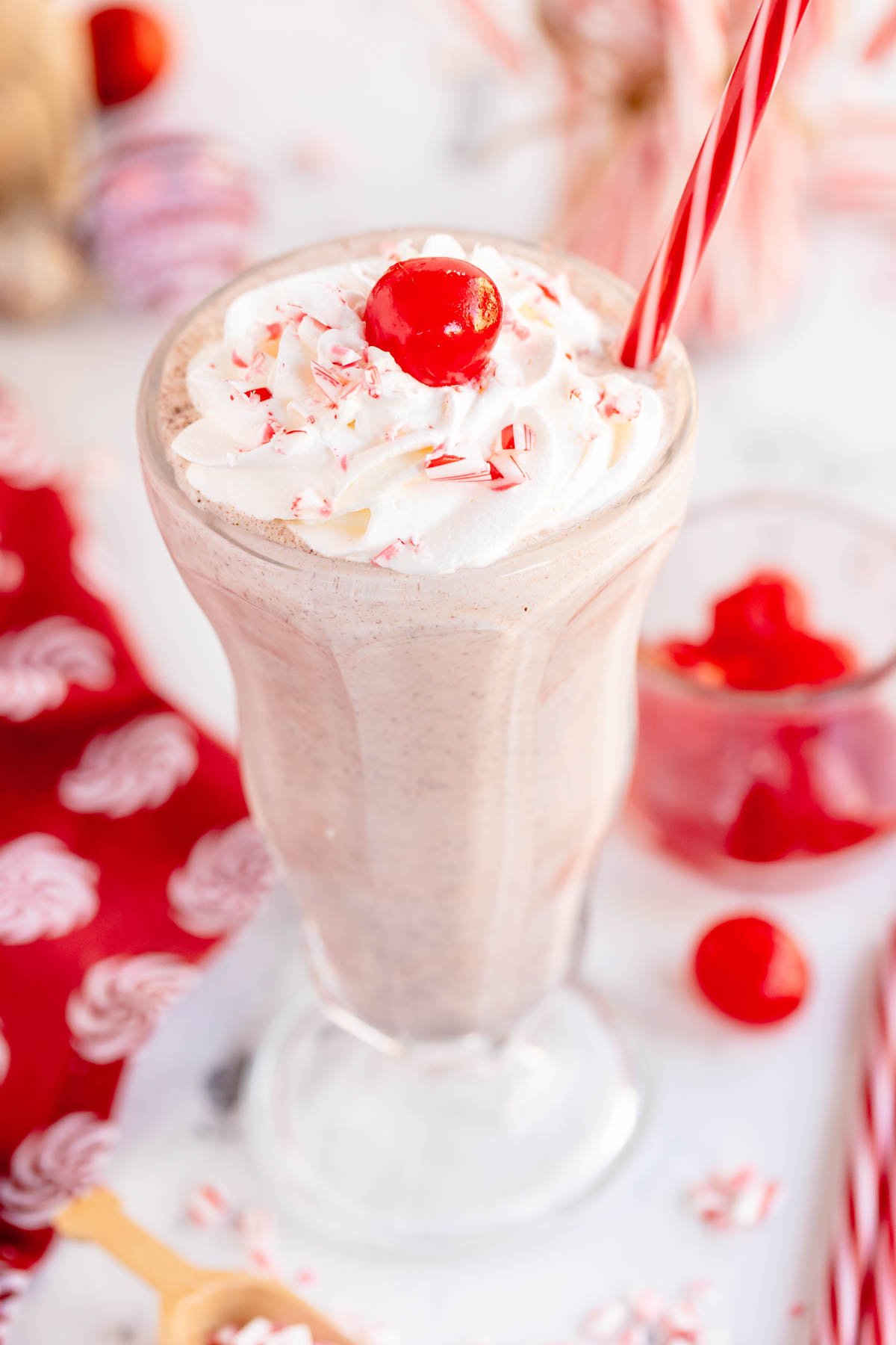 peppermint milkshakes with whipped cream and cherries