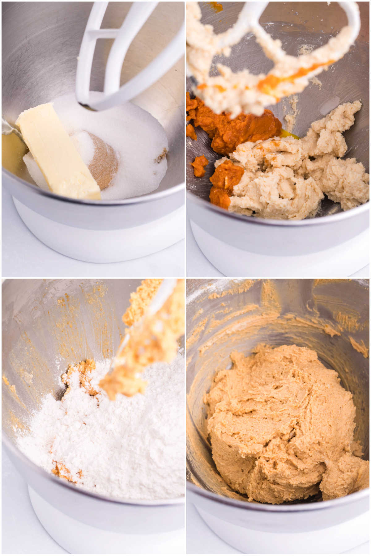 collage of four photos showing how to make dough for pumpkin snickerdoodles