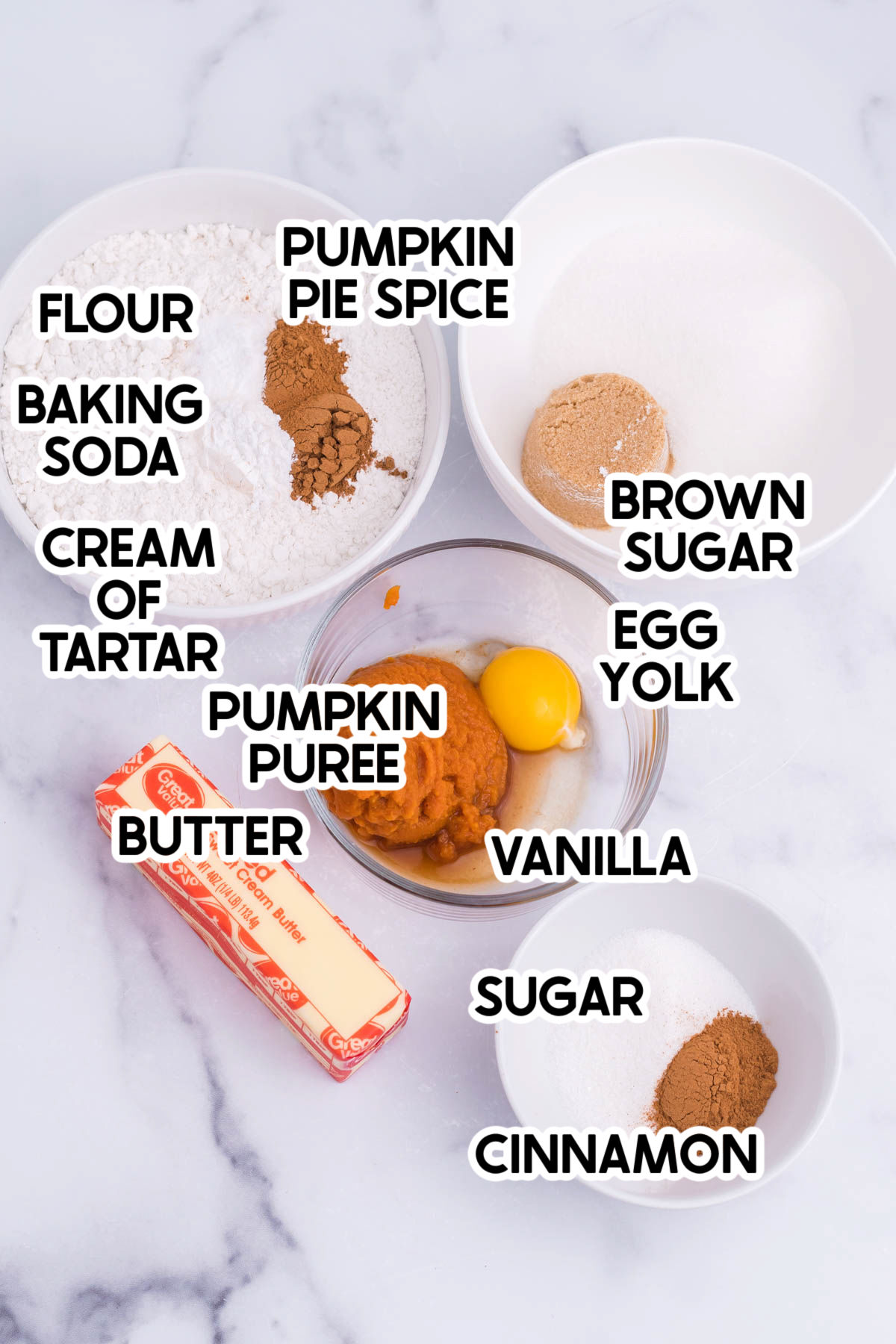 ingredients to make pumpkin snickerdoodles with labels