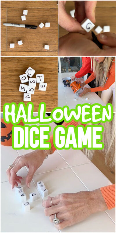 various images of playing a Halloween dice game