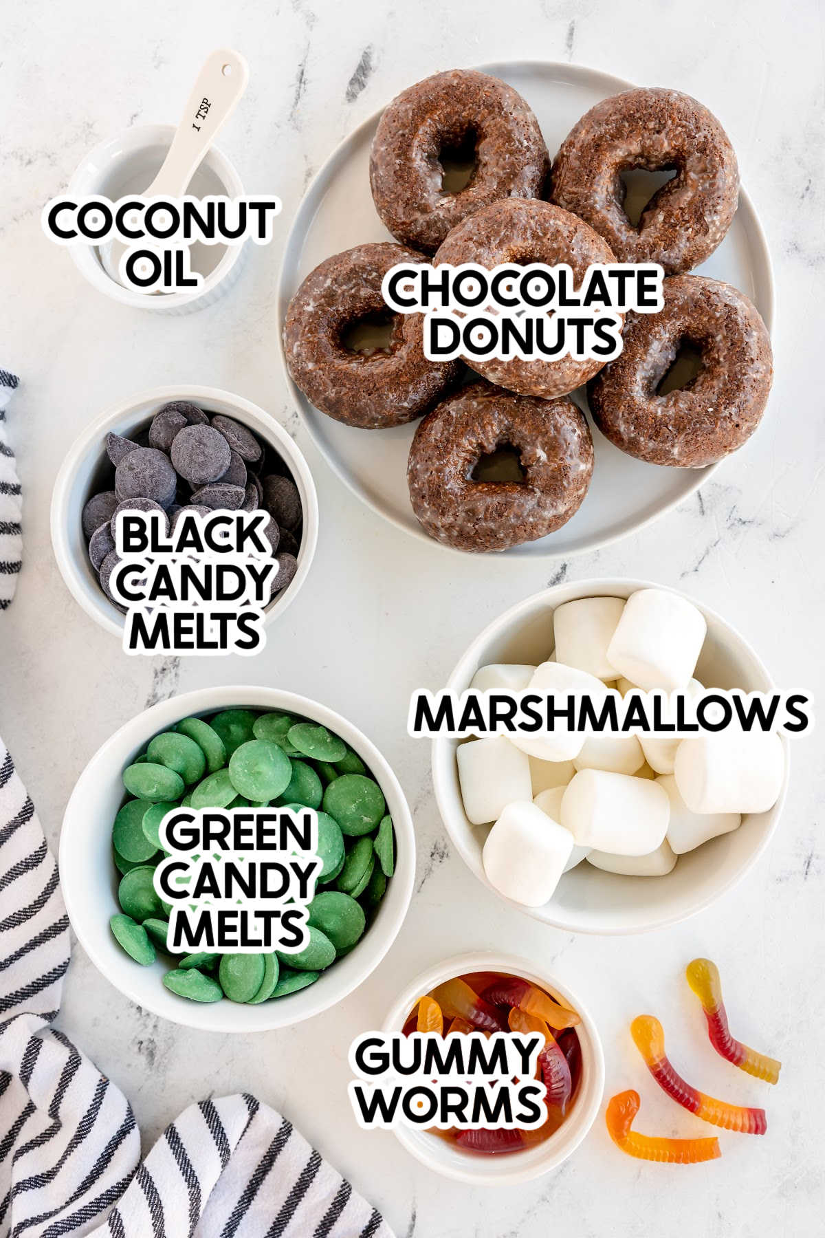 ingredients to make oogie boogie donuts with labels