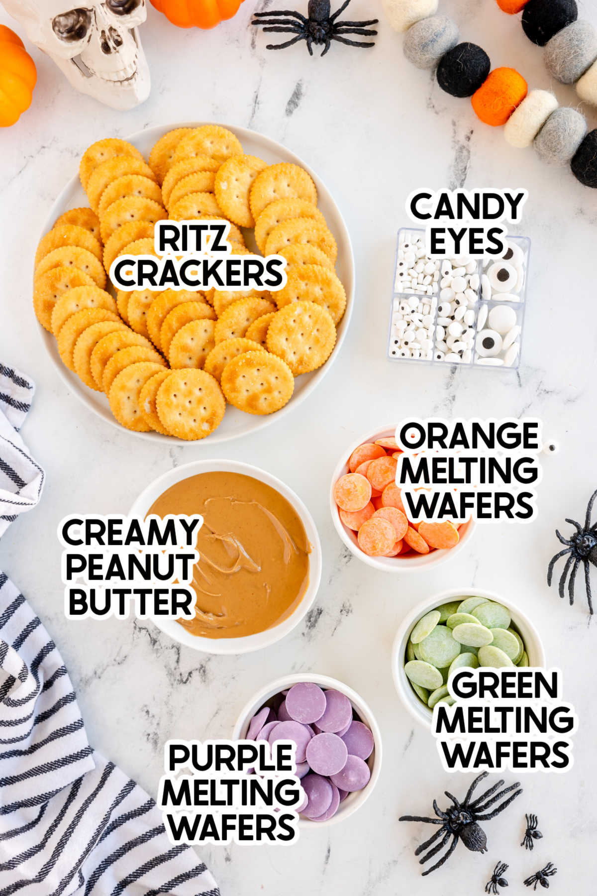 ingredients to make peanut butter monster snacks with labels