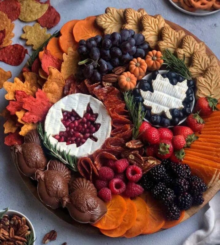 charcuterie board with leaf snacks and chocolate turkies