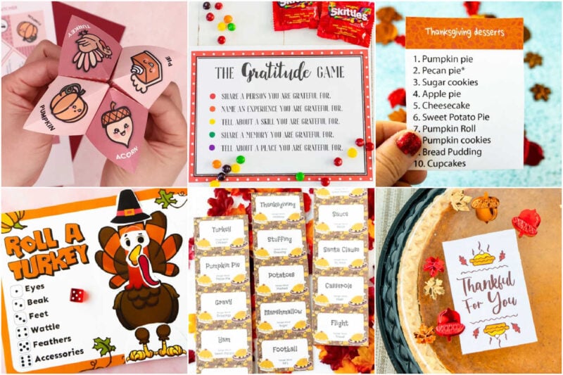 collage of various thanksgiving themed printables