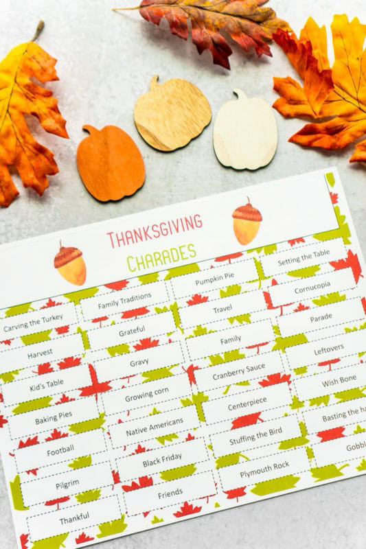 printable of thanksgiving themed words for charades