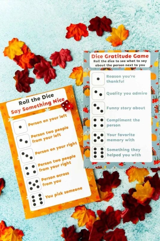 printable dice game with various gratitude prompts