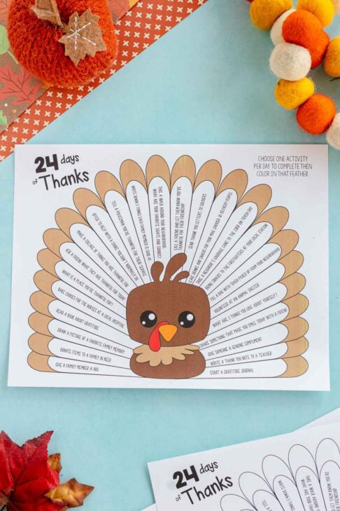 printable turkey with activities listed on feathers
