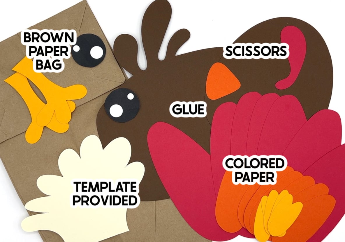 supplies needed to make a turkey paper bag craft with labels