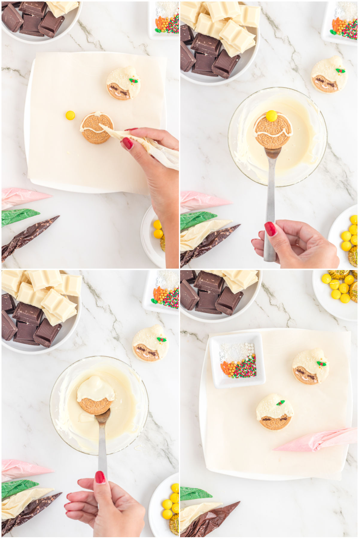collage of step by step photos showing how to make Christmas Oreos