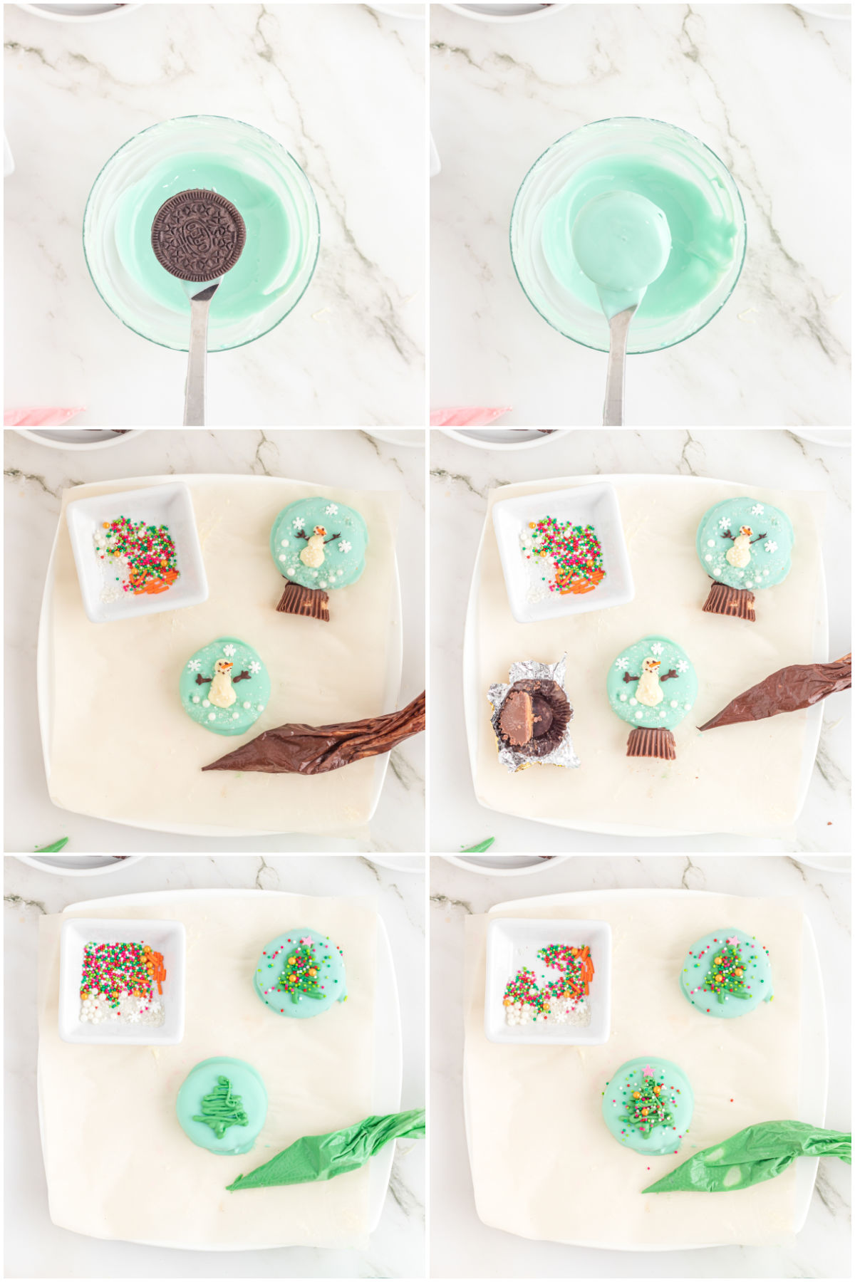 collage of six images showing how to make Christmas oreos