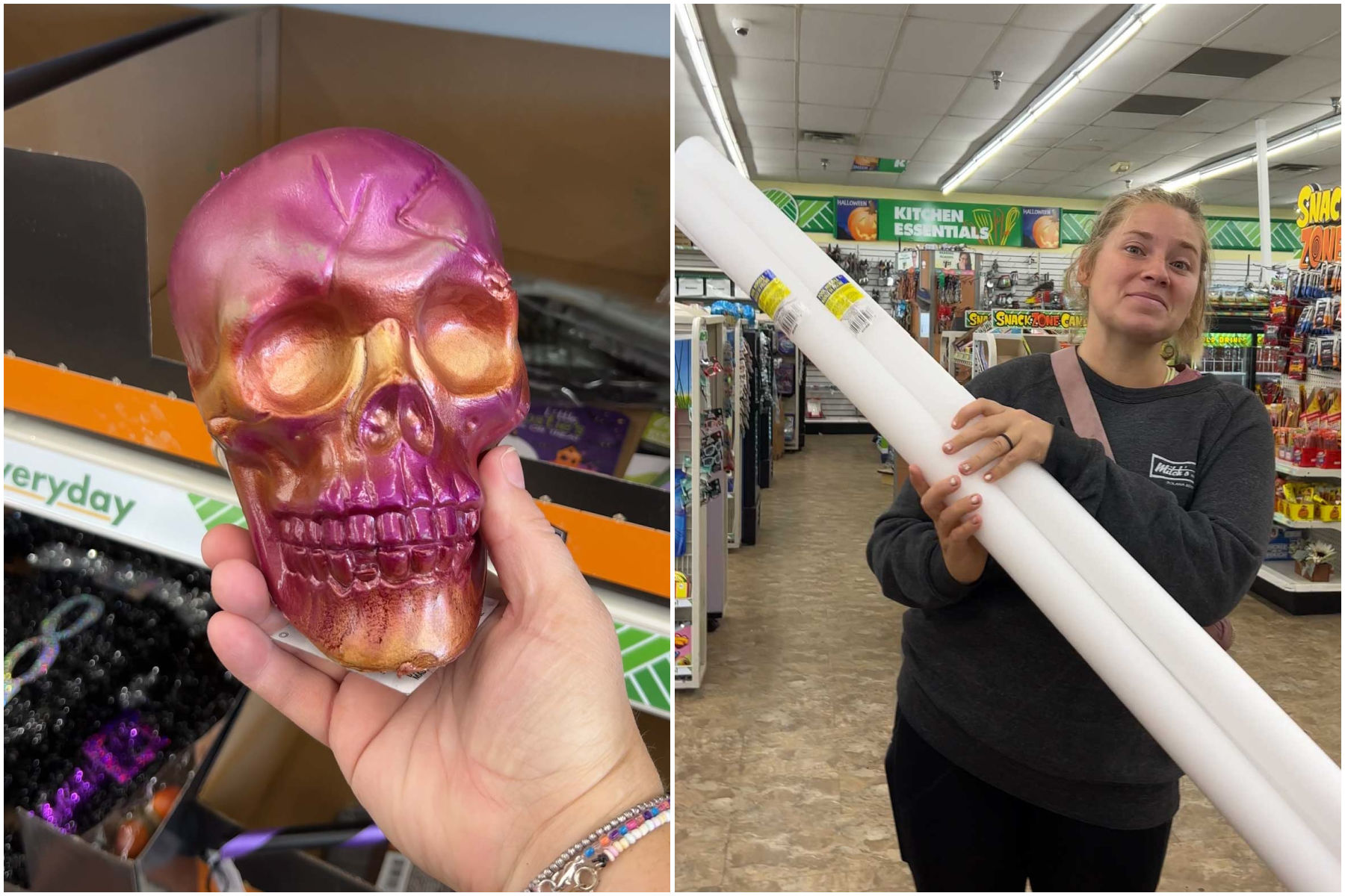 two images showing a plastic skull and a girl holding white pool noodles