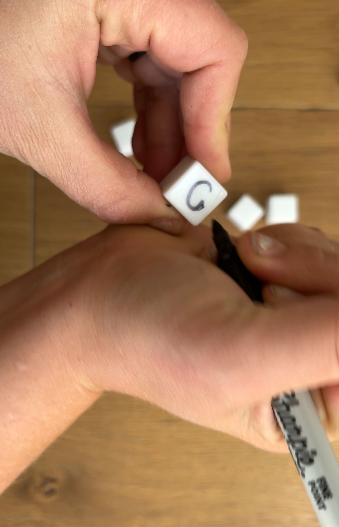 woman writing on a dice