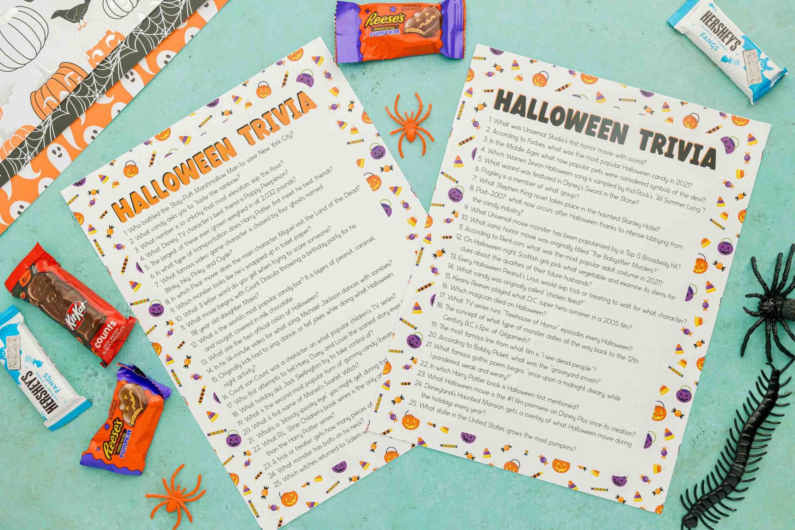 two Halloween trivia sheets laid out