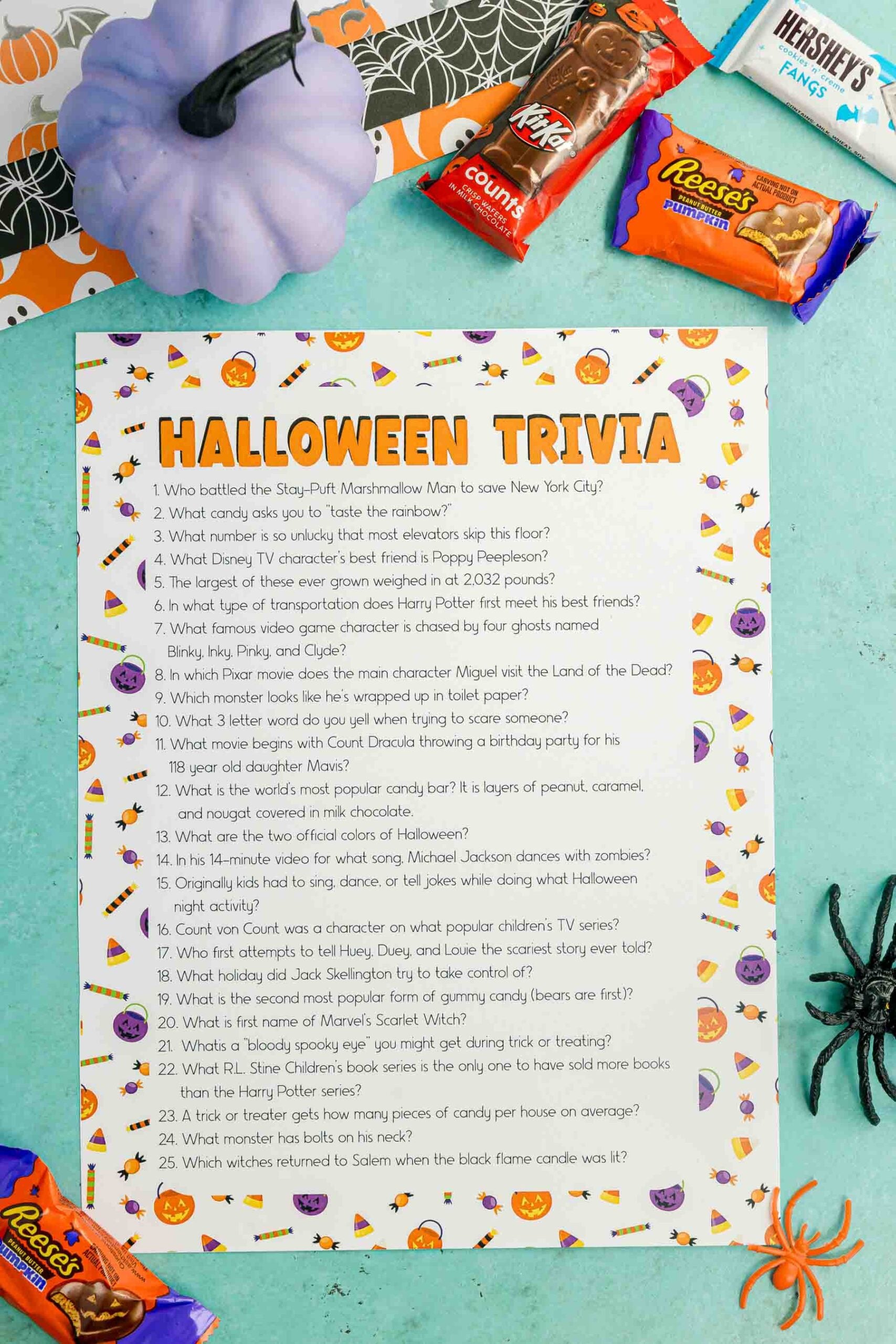 printed out Halloween trivia questions and answers
