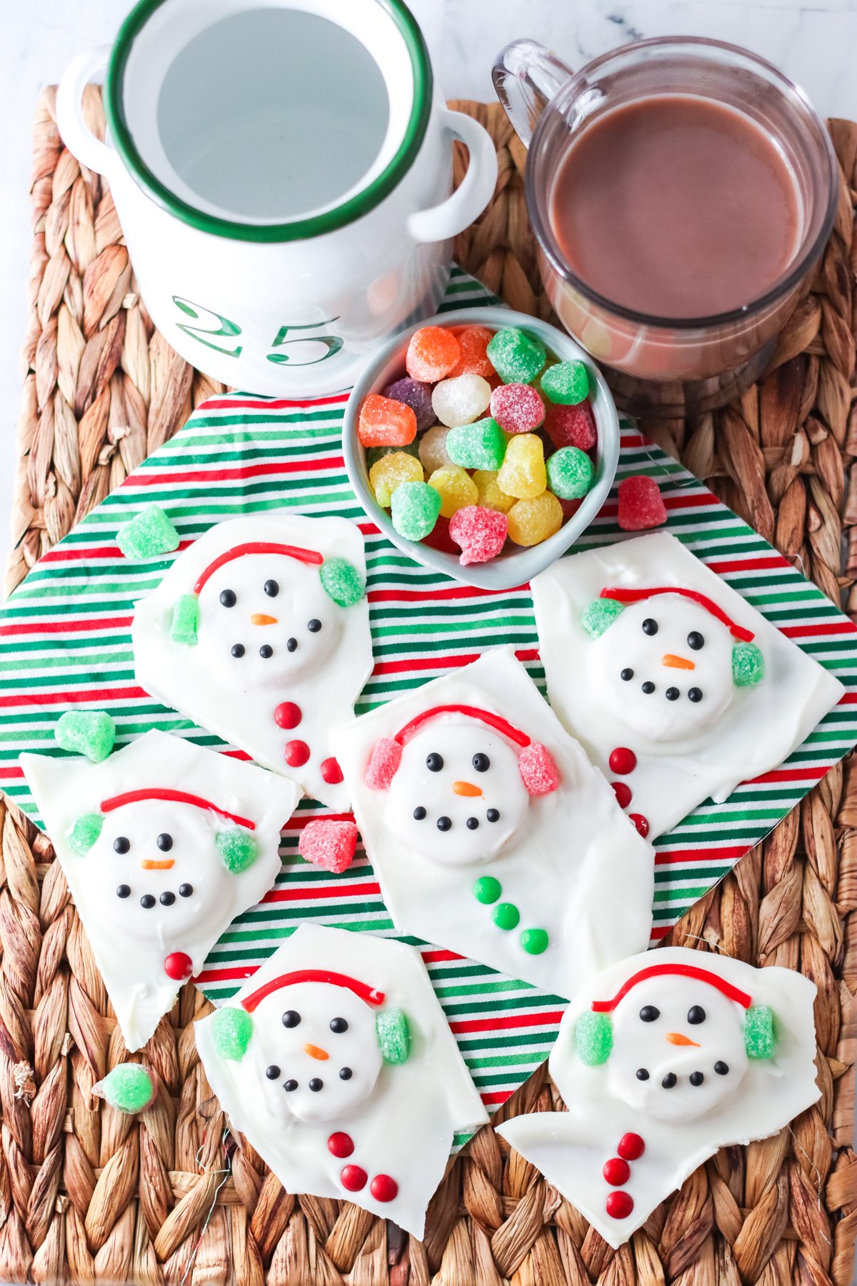 melted snowman bark with a bowl of gumpdrops