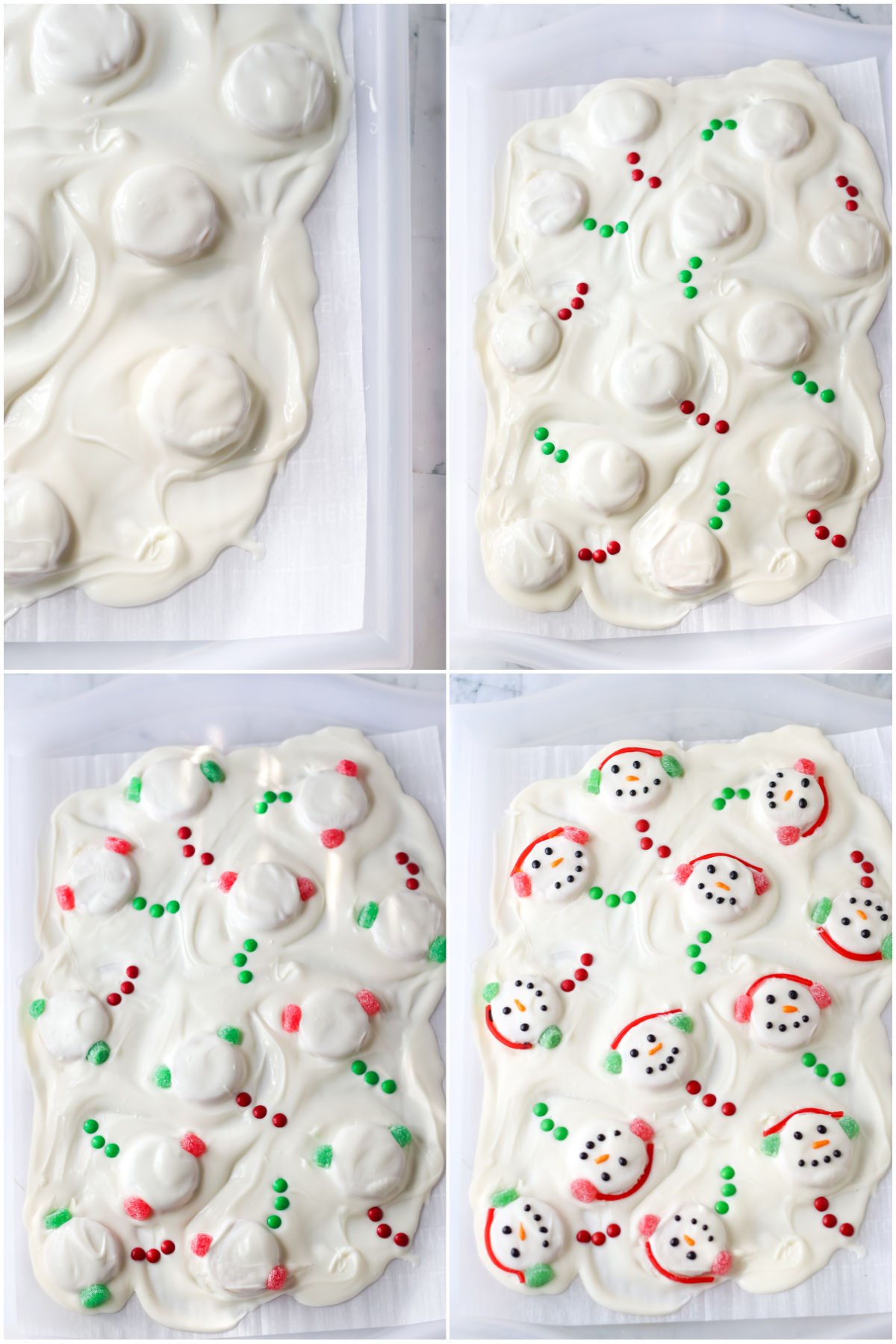 four images in a collage showing how to make melted snowman bark