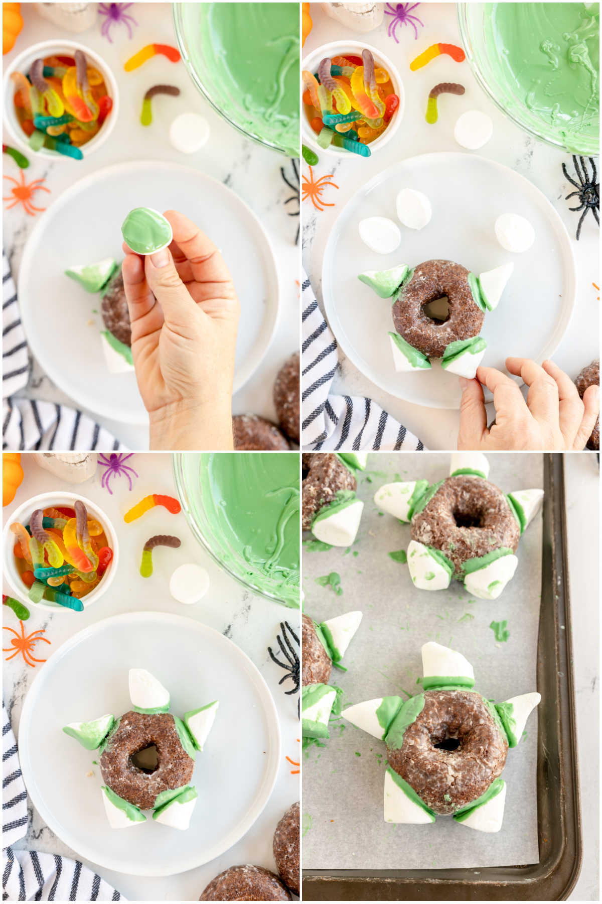 collage of images showing how to add marshmallows to a donut