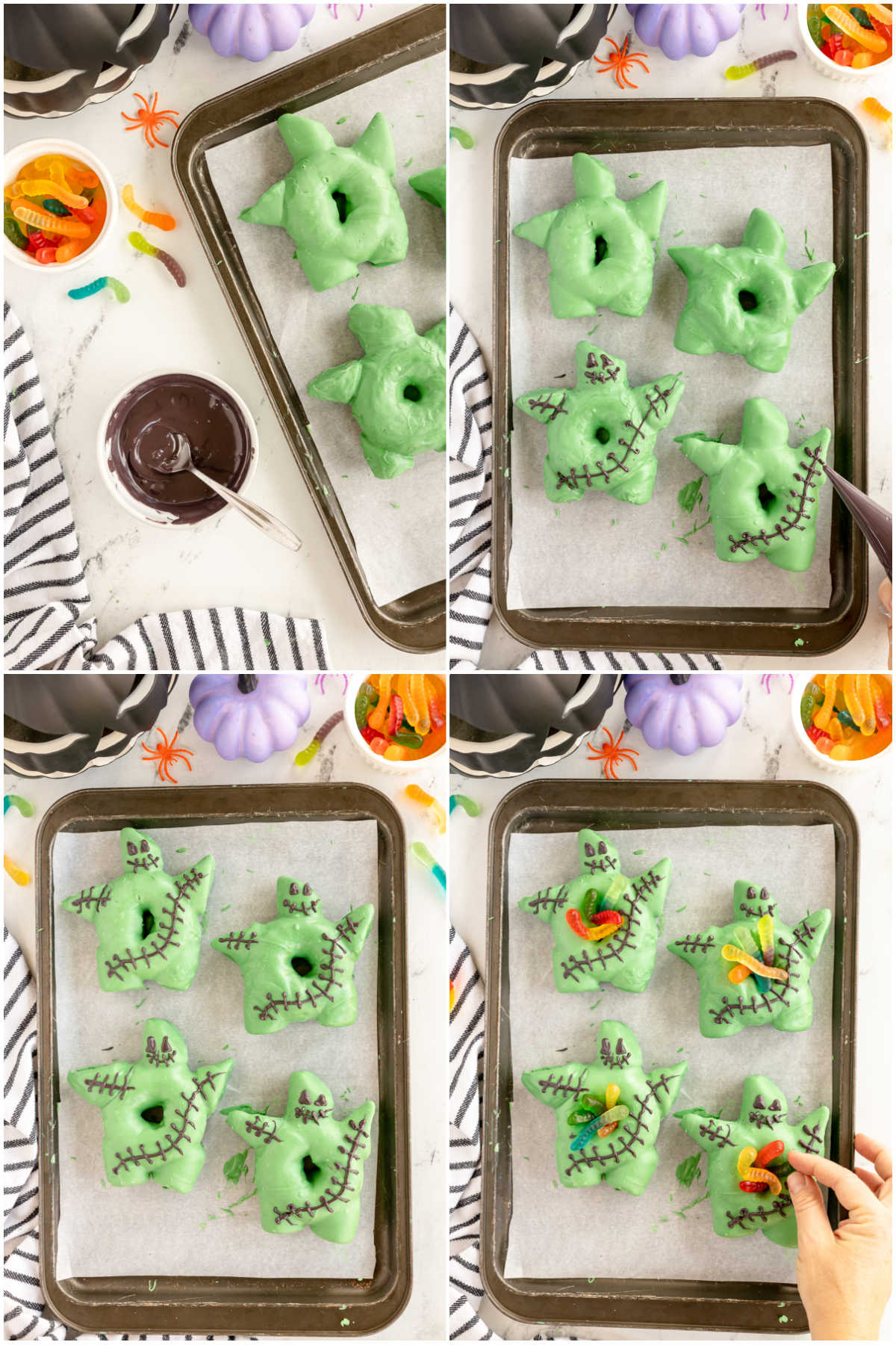 collage of images showing how to add stitching to oogie boogie donuts