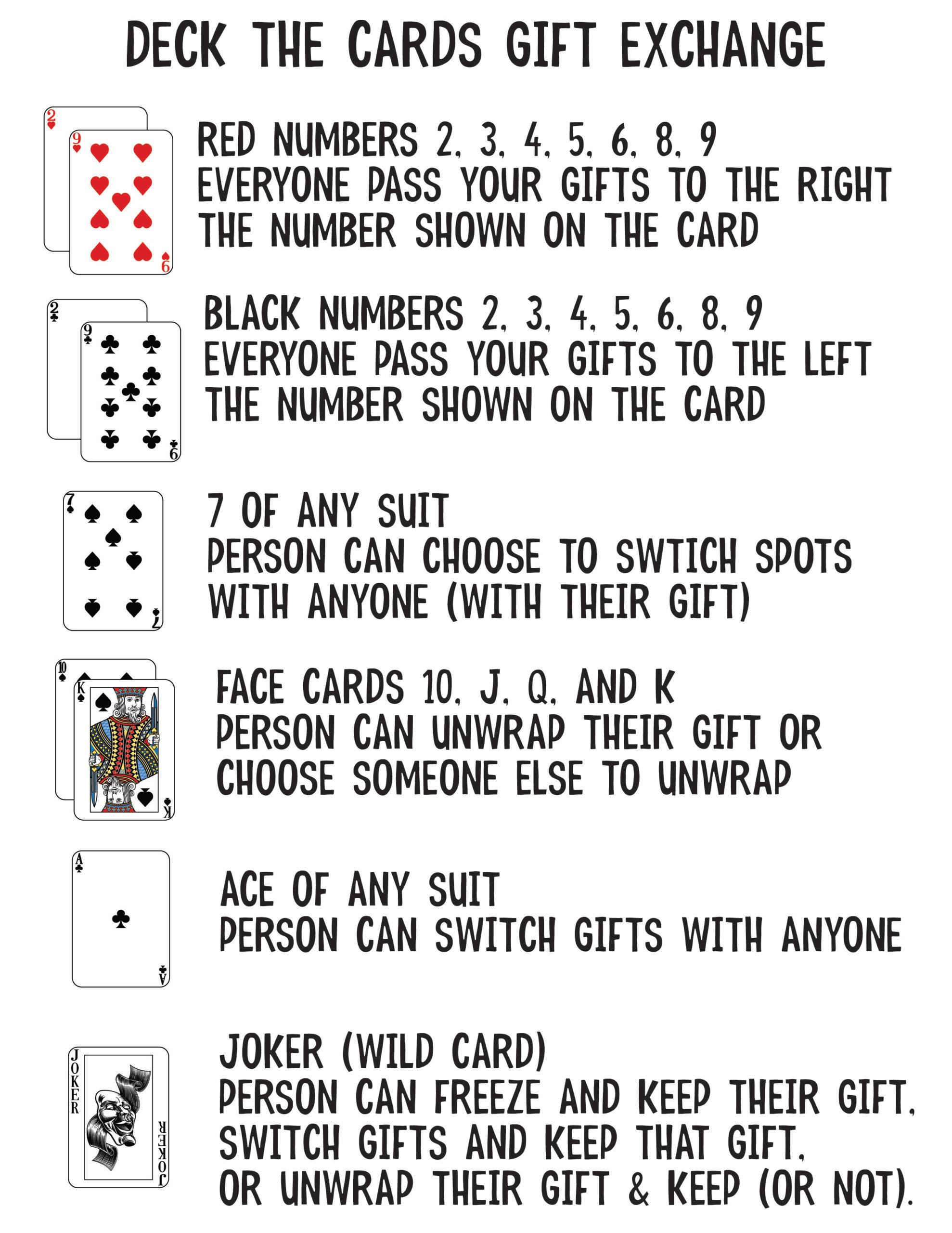 gift exchange rules featuring different playing cards