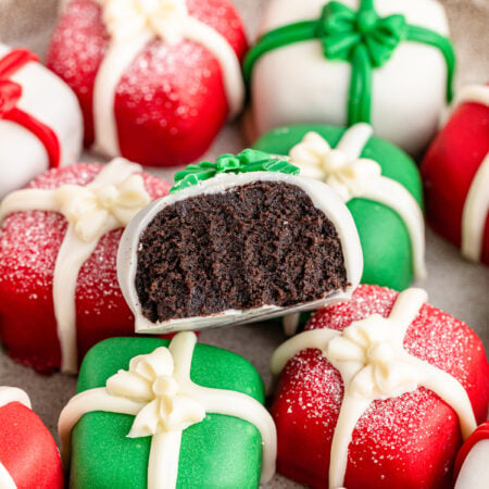 pile of Christmas Oreo balls that look like presents