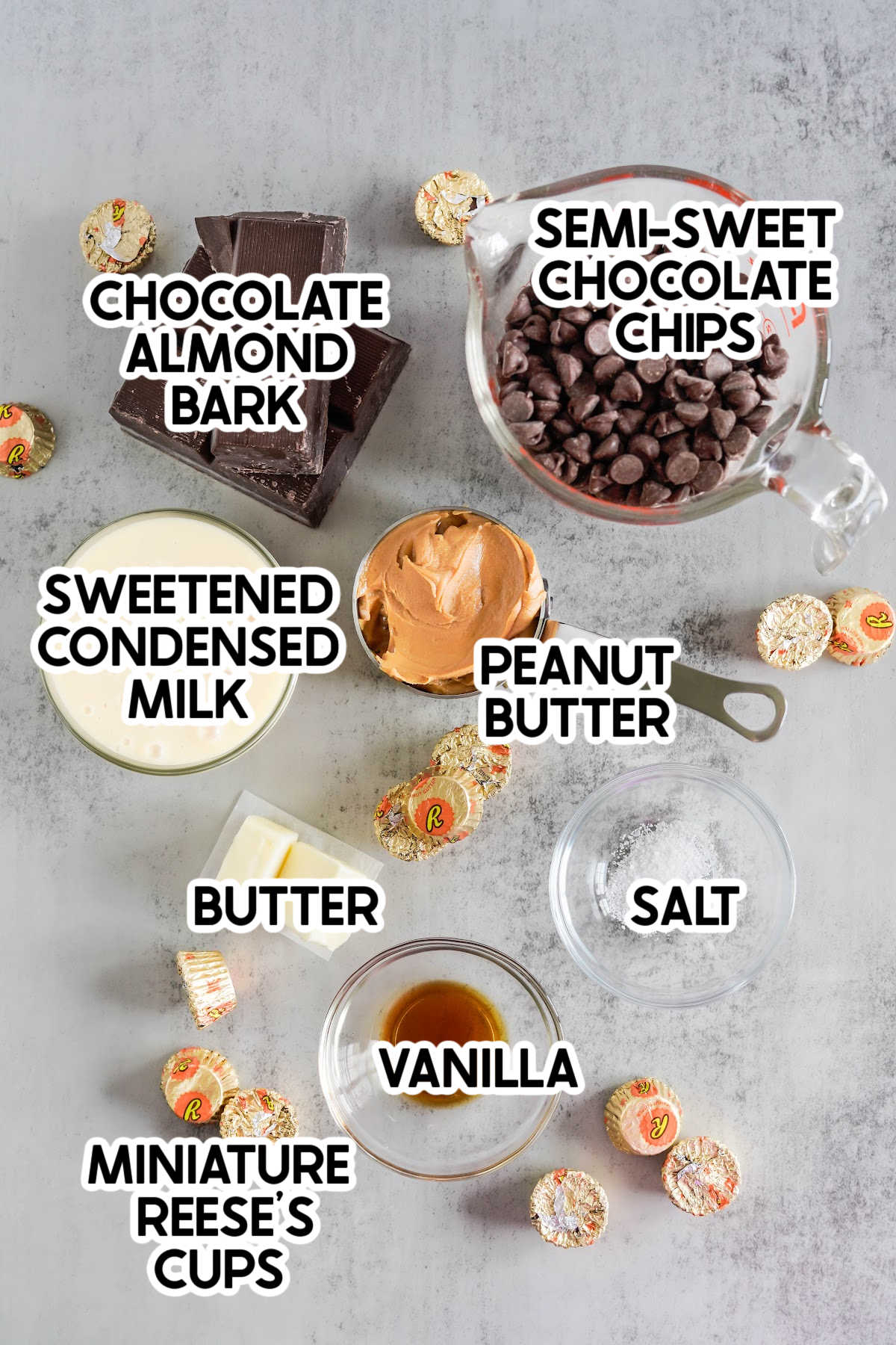 ingredients to make no bake peanut butter fudge with labels